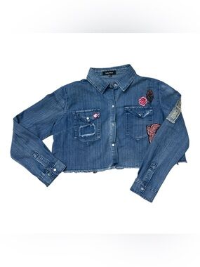 Lea & Viola Cropped Denim Jacket Embroidered Patch Button Front Size S
